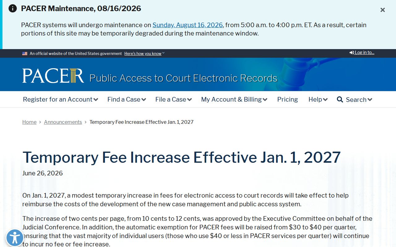 Carthage court docket official announced 2027 PACER fee change