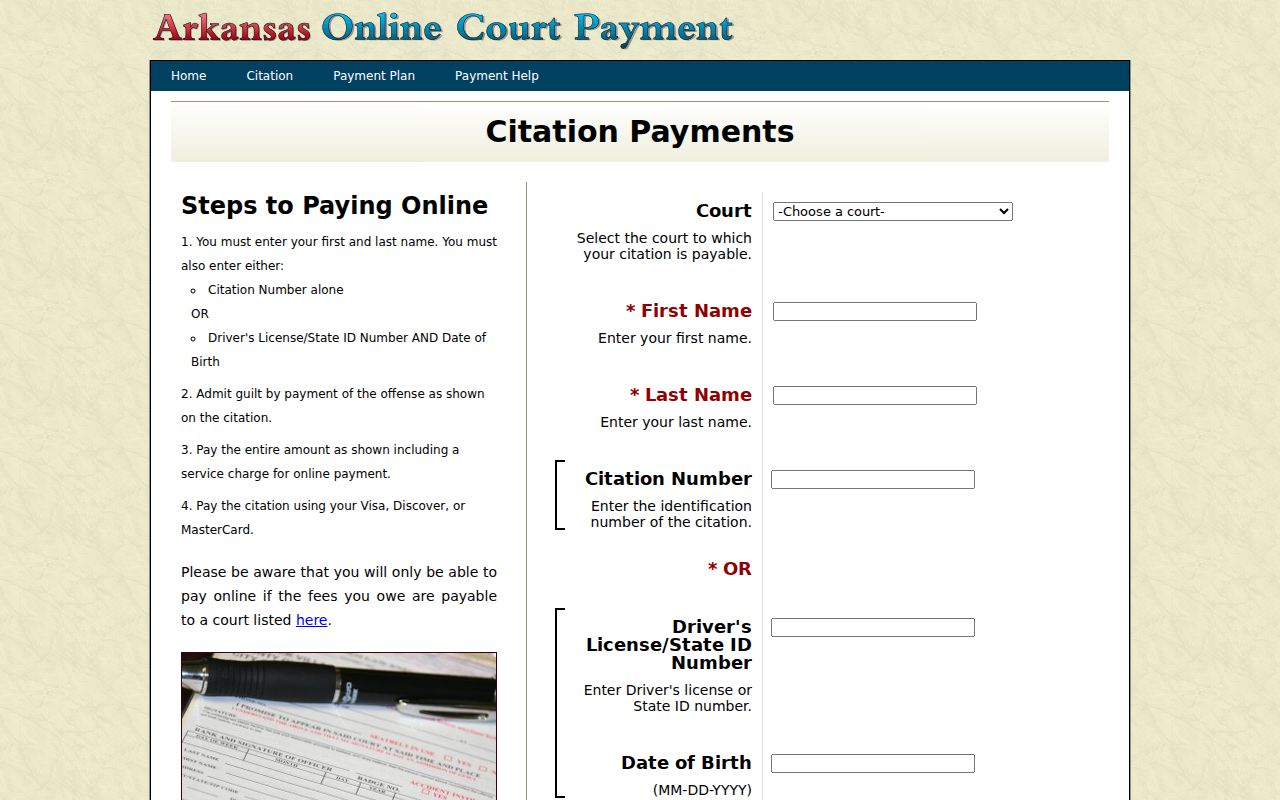 Dallas County traffic court records Arkansas eTraffic search form